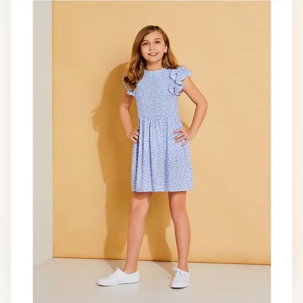 Copper Key Light Blue Floral Smocked Flutter-Sleeve Kids Dress